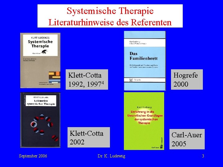 Systemische Therapie Literaturhinweise des Referenten September 2006 Klett-Cotta 1992, 19974 Hogrefe 2000 Klett-Cotta 2002