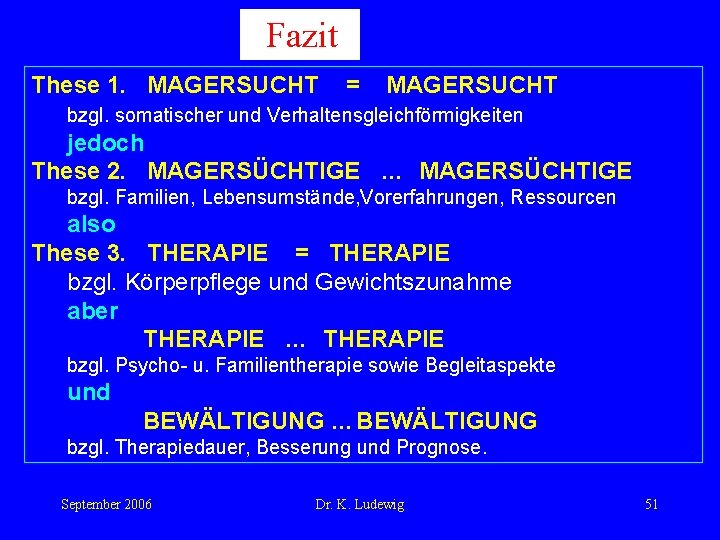 Fazit These 1. MAGERSUCHT = MAGERSUCHT bzgl. somatischer und Verhaltensgleichförmigkeiten jedoch These 2. MAGERSÜCHTIGE