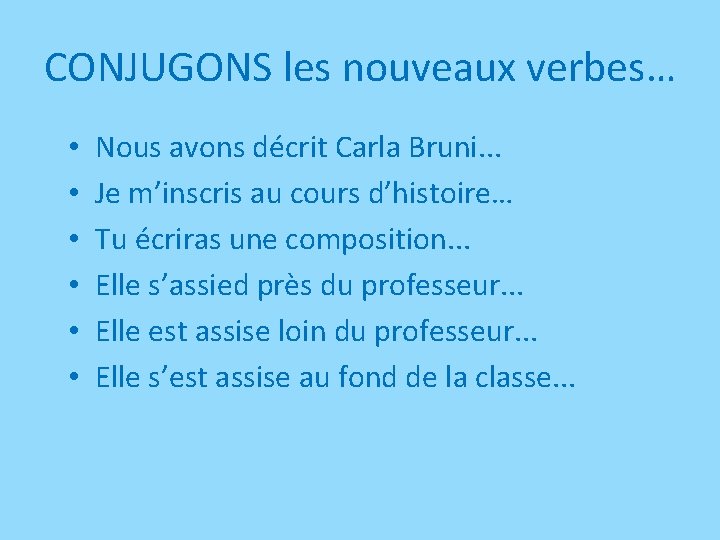 CONJUGONS les nouveaux verbes… • • • Nous avons décrit Carla Bruni. . .