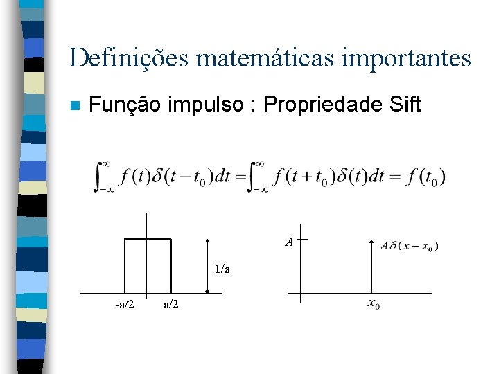 Definições matemáticas importantes n Função impulso : Propriedade Sift A 1/a -a/2 
