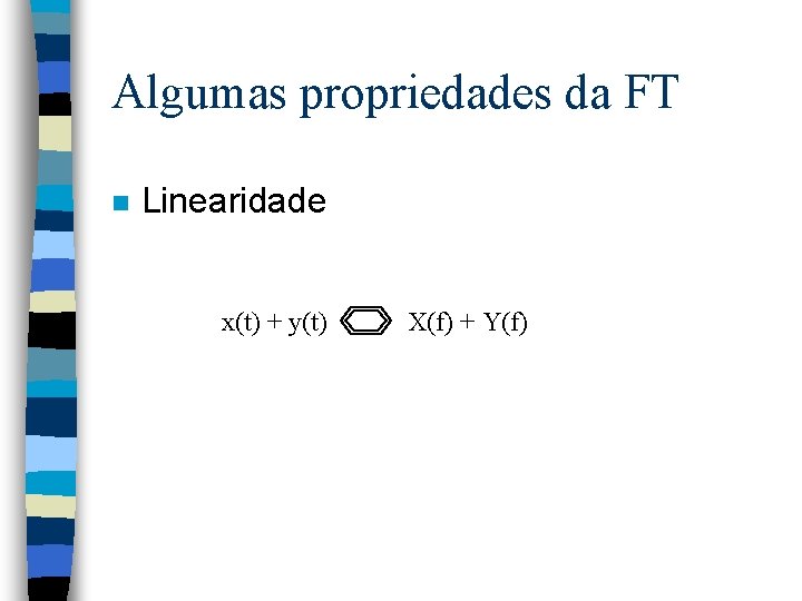 Algumas propriedades da FT n Linearidade x(t) + y(t) X(f) + Y(f) 