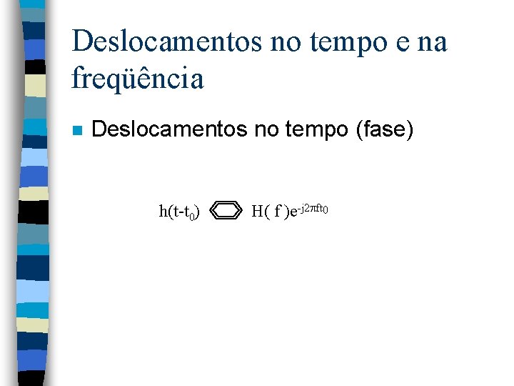 Deslocamentos no tempo e na freqüência n Deslocamentos no tempo (fase) h(t-t 0) H(