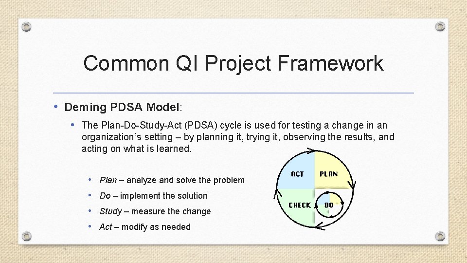 Common QI Project Framework • Deming PDSA Model: • The Plan-Do-Study-Act (PDSA) cycle is