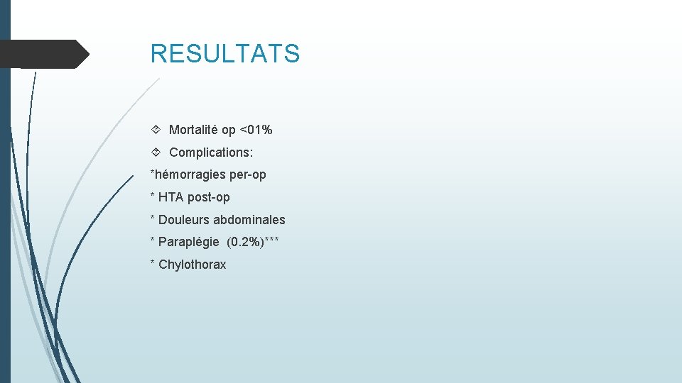 RESULTATS Mortalité op <01% Complications: *hémorragies per-op * HTA post-op * Douleurs abdominales *