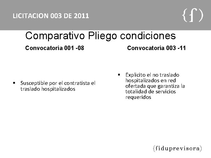 LICITACION 003 DE 2011 Comparativo Pliego condiciones Convocatoria 001 -08 § Susceptible por el