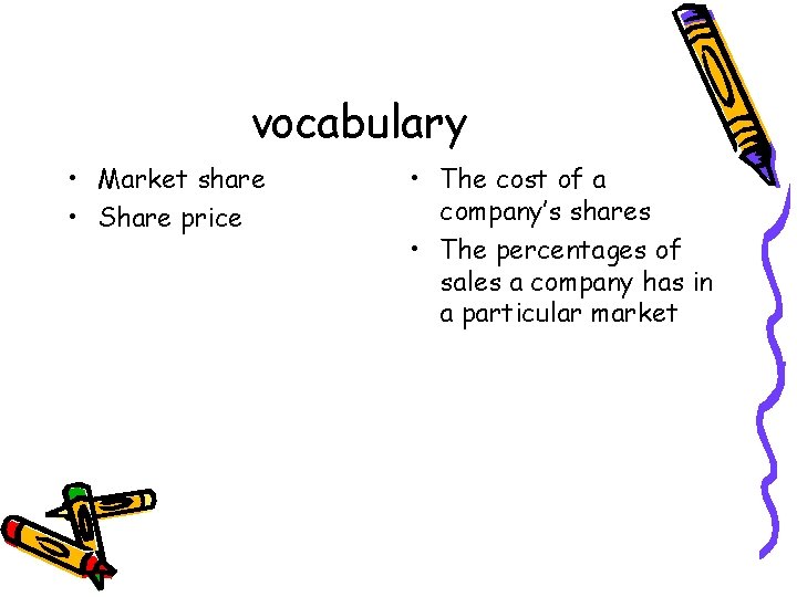 vocabulary • Market share • Share price • The cost of a company’s shares