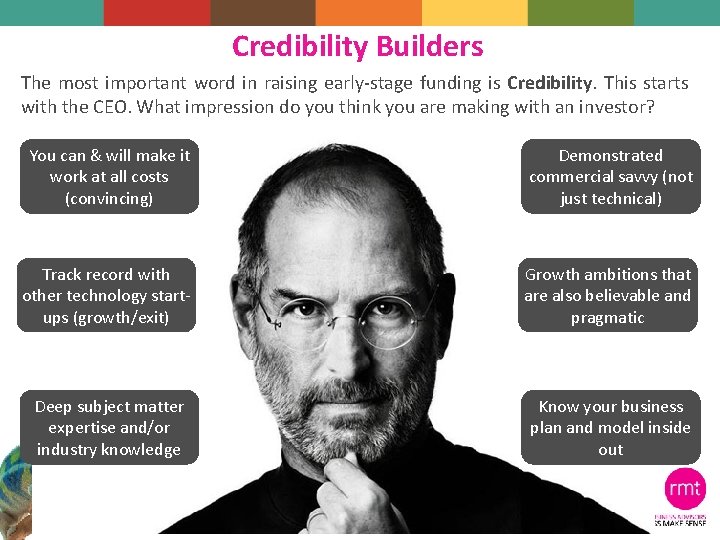 Credibility Builders The most important word in raising early-stage funding is Credibility. This starts