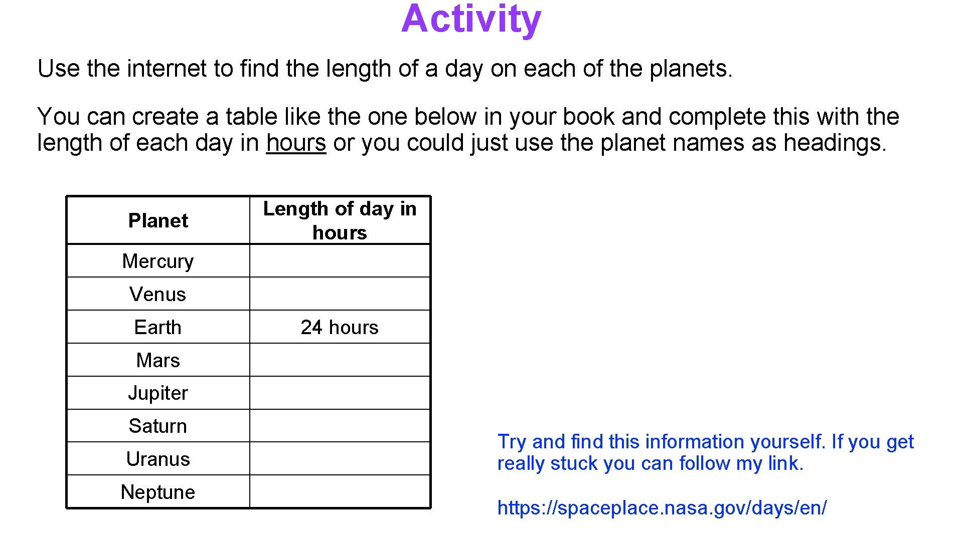 Activity Use the internet to find the length of a day on each of