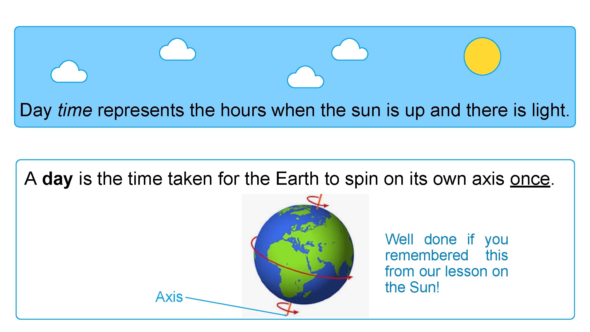 Day time represents the hours when the sun is up and there is light.