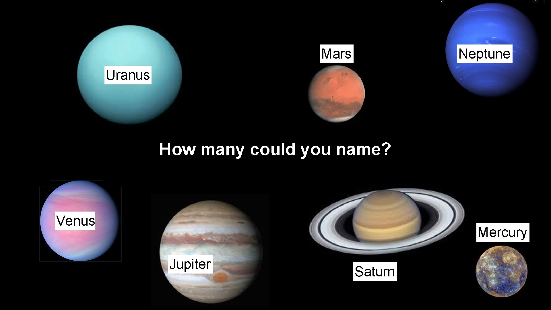 Mars Neptune Uranus How many could you name? Venus Mercury Jupiter Saturn 