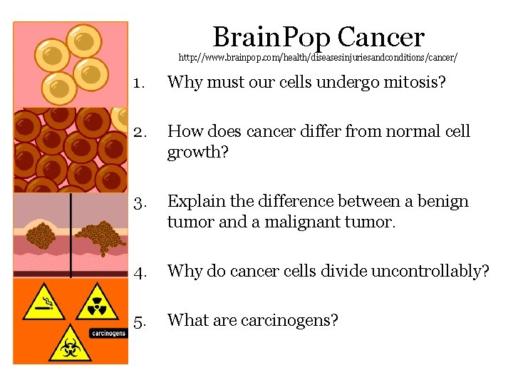 Brain. Pop Cancer http: //www. brainpop. com/health/diseasesinjuriesandconditions/cancer/ 1. Why must our cells undergo mitosis?