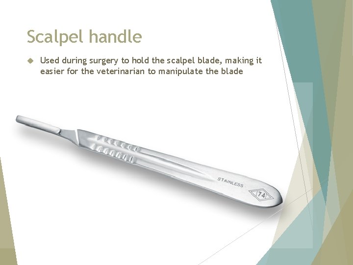 Scalpel handle Used during surgery to hold the scalpel blade, making it easier for