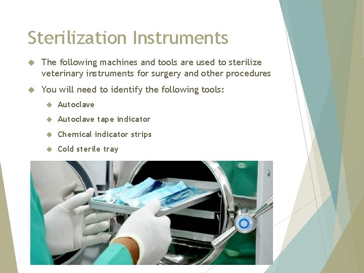 Sterilization Instruments The following machines and tools are used to sterilize veterinary instruments for