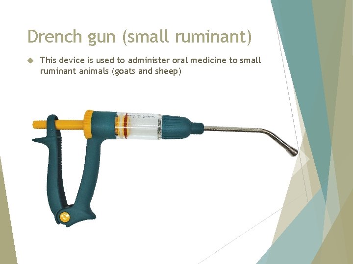 Drench gun (small ruminant) This device is used to administer oral medicine to small
