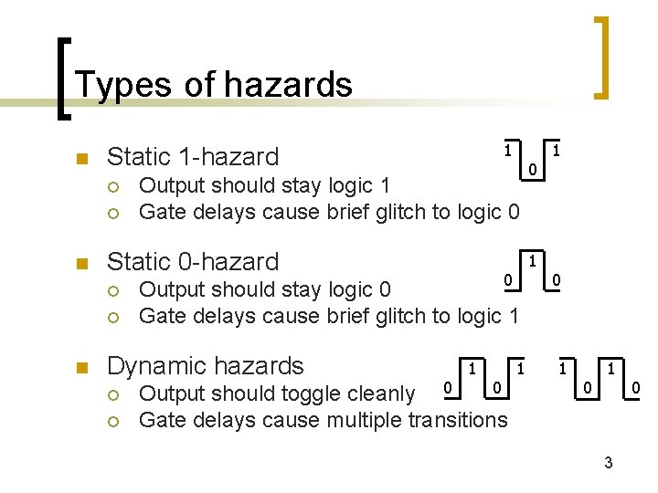 Types of hazards n ¡ ¡ n Output should stay logic 1 Gate delays Types of hazards n ¡ ¡ n Output should stay logic 1 Gate delays