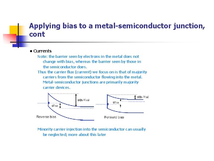 Applying bias to a metal-semiconductor junction, cont • Currents Note: the barrier seen by