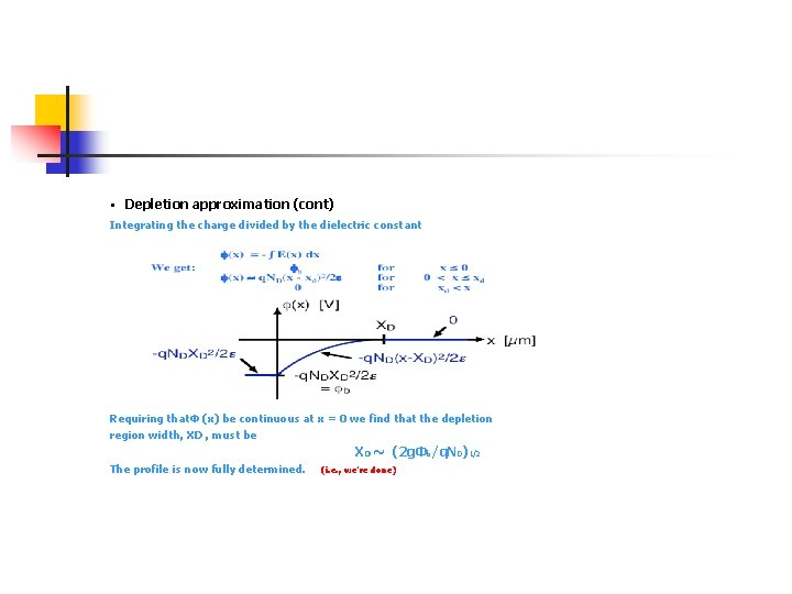 • Depletion approximation (cont) Integrating the charge divided by the dielectric constant Requiring