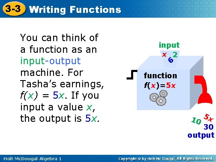 3 -3 Writing Functions You can think of a function as an input-output machine.