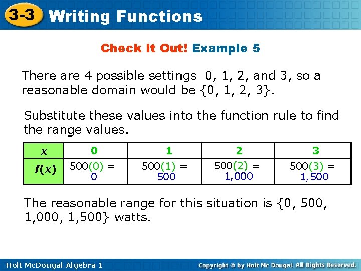 3 -3 Writing Functions Check It Out! Example 5 There are 4 possible settings