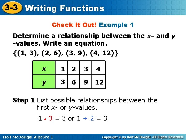 3 -3 Writing Functions Check It Out! Example 1 Determine a relationship between the