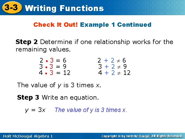 3 -3 Writing Functions Check It Out! Example 1 Continued Step 2 Determine if