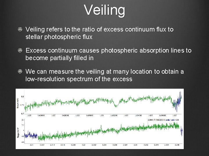Veiling refers to the ratio of excess continuum flux to stellar photospheric flux Excess