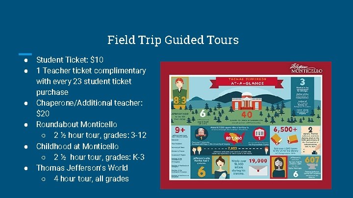 Field Trip Guided Tours ● ● ● Student Ticket: $10 1 Teacher ticket complimentary