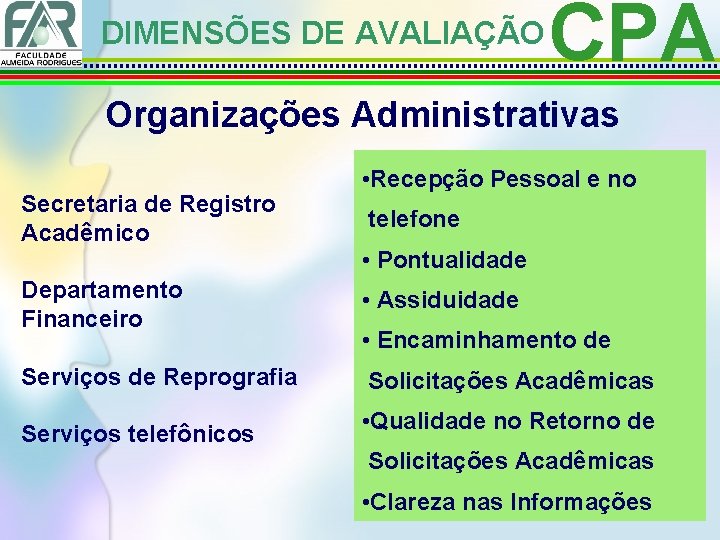DIMENSÕES DE AVALIAÇÃO CPA Organizações Administrativas Secretaria de Registro Acadêmico • Recepção Pessoal e