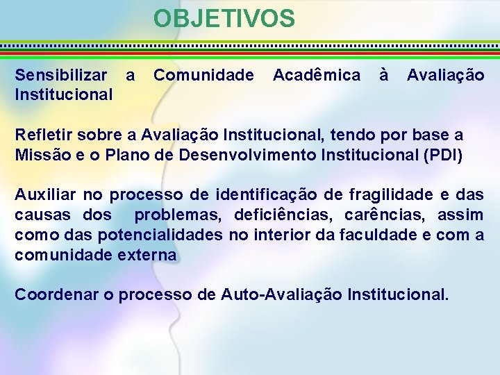 OBJETIVOS Sensibilizar a Institucional Comunidade Acadêmica à Avaliação Refletir sobre a Avaliação Institucional, tendo