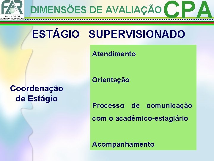 DIMENSÕES DE AVALIAÇÃO CPA ESTÁGIO SUPERVISIONADO Atendimento Coordenação de Estágio Orientação Processo de comunicação