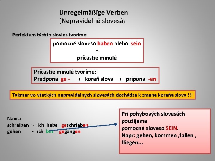Unregelmäßige Verben (Nepravidelné slovesá) Perfektum týchto slovies tvoríme: pomocné sloveso haben alebo sein +