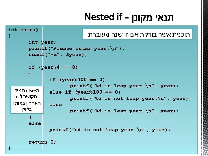 int main() מעוברת שנה זו אם בודקת אשר תוכנית { int year; printf(“Please enter