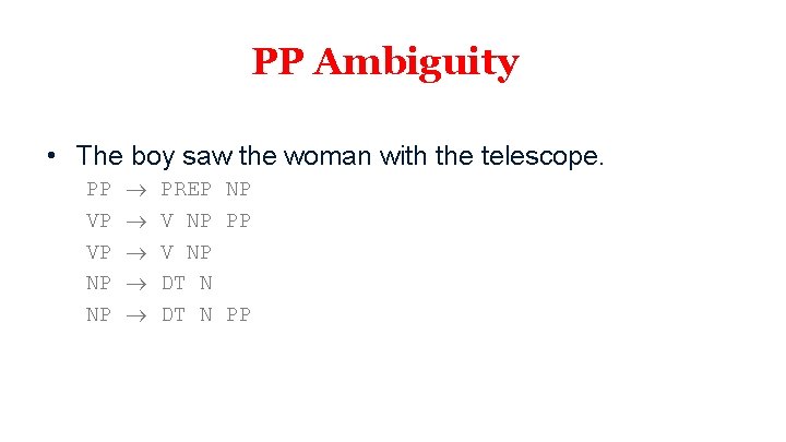 PP Ambiguity • The boy saw the woman with the telescope. PP VP VP