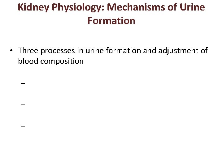 Kidney Physiology: Mechanisms of Urine Formation • Three processes in urine formation and adjustment