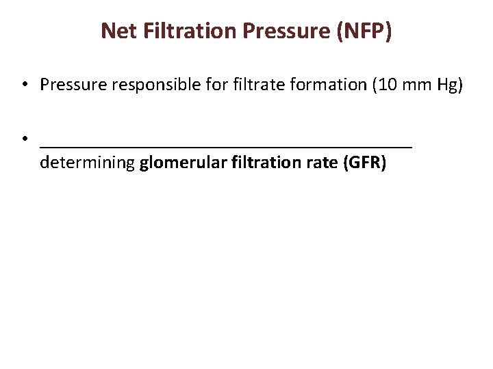 Net Filtration Pressure (NFP) • Pressure responsible for filtrate formation (10 mm Hg) •