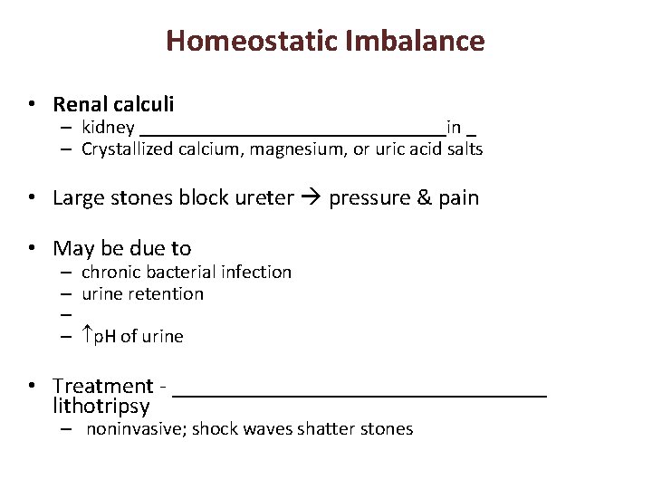 Homeostatic Imbalance • Renal calculi – kidney ________________in _ – Crystallized calcium, magnesium, or