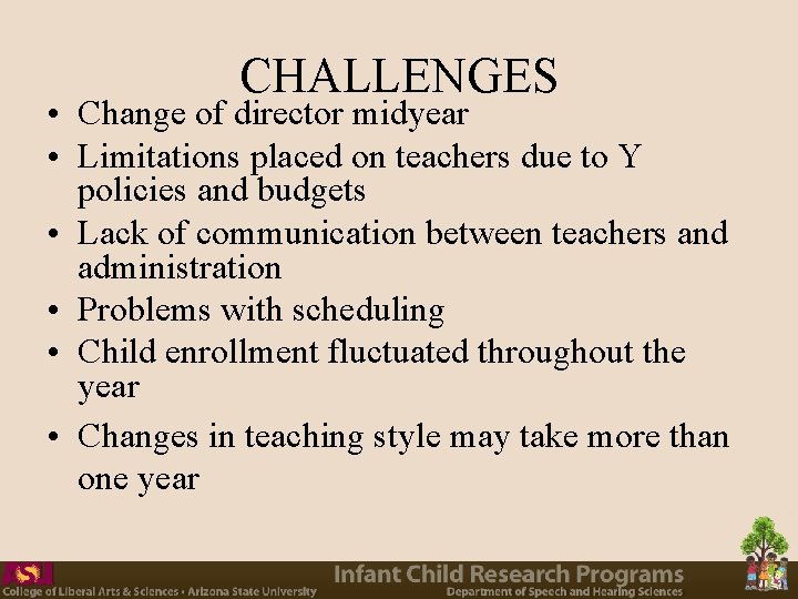 CHALLENGES • Change of director midyear • Limitations placed on teachers due to Y CHALLENGES • Change of director midyear • Limitations placed on teachers due to Y