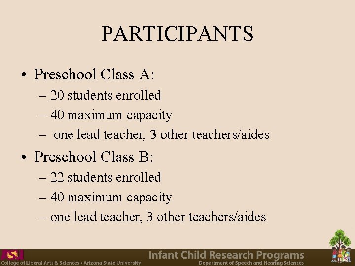 PARTICIPANTS • Preschool Class A: – 20 students enrolled – 40 maximum capacity –