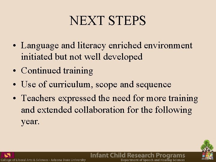 NEXT STEPS • Language and literacy enriched environment initiated but not well developed •