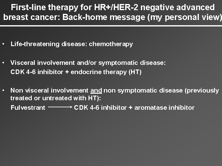 First-line therapy for HR+/HER-2 negative advanced breast cancer: Back-home message (my personal view) •