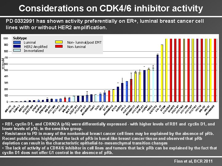 Considerations on CDK 4/6 inhibitor activity PD 0332991 has shown activity preferentially on ER+,