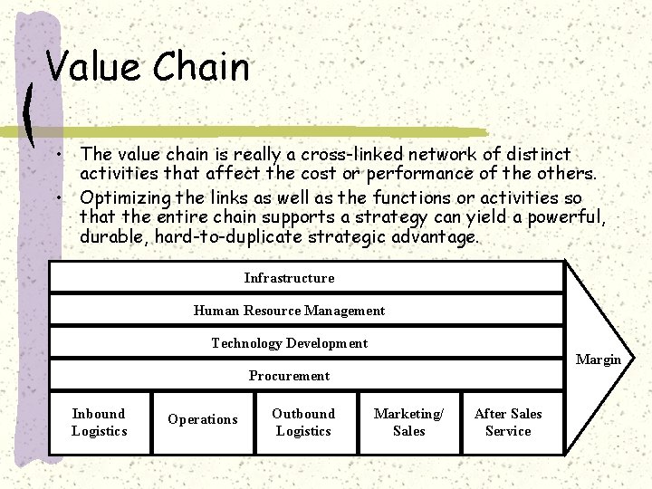 Value Chain • The value chain is really a cross-linked network of distinct activities