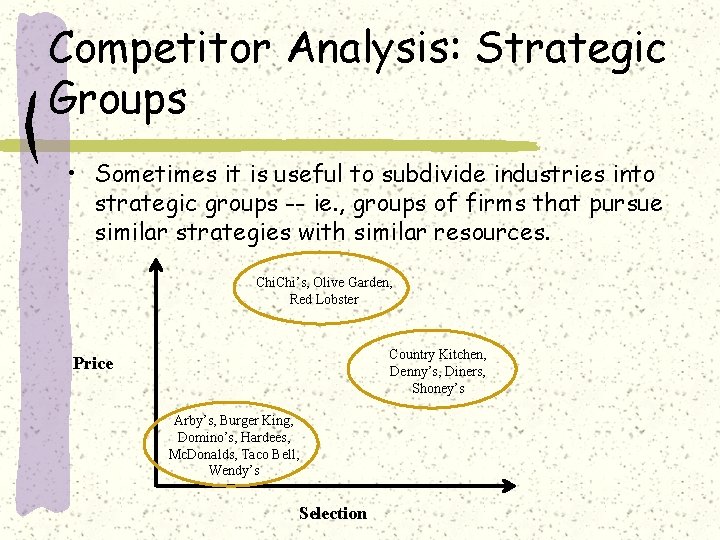 Competitor Analysis: Strategic Groups • Sometimes it is useful to subdivide industries into strategic