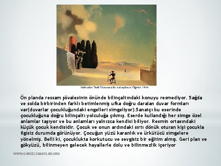 Ön planda ressam şövalesinin önünde bilinçaltındaki konuyu resmediyor. Sağda ve solda birbirinden farklı betimlenmiş