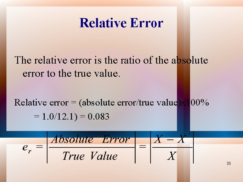 Relative Error The relative error is the ratio of the absolute error to the