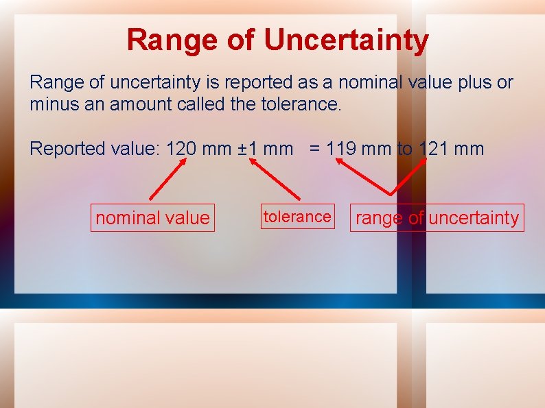 Range of Uncertainty Range of uncertainty is reported as a nominal value plus or