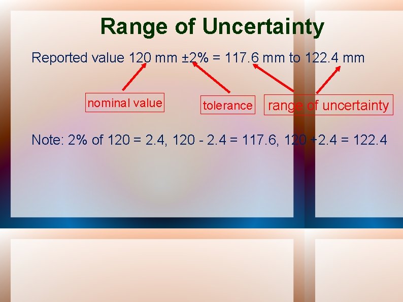 Range of Uncertainty Reported value 120 mm ± 2% = 117. 6 mm to