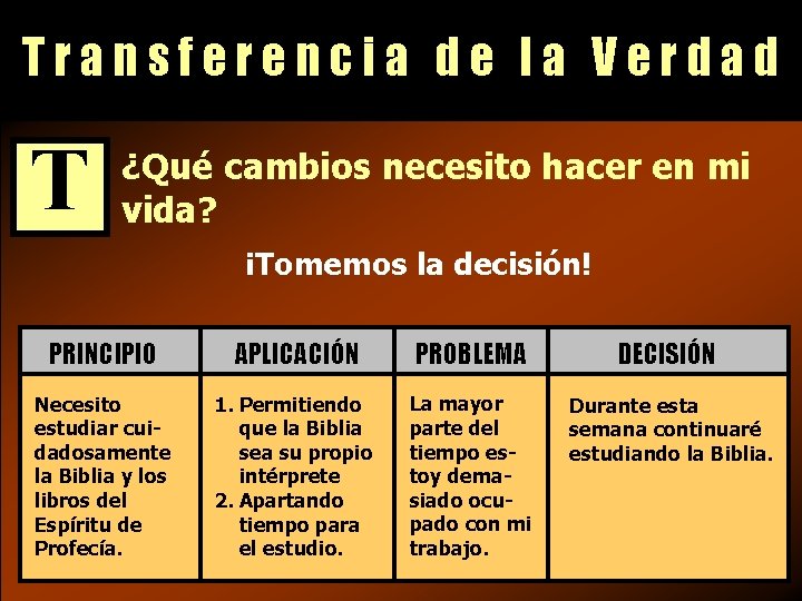 Transferencia de la Verdad T ¿Qué cambios necesito hacer en mi vida? ¡Tomemos la