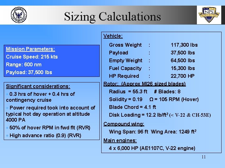 Sizing Calculations Vehicle: Mission Parameters: Cruise Speed: 215 kts Range: 600 nm Payload: 37,