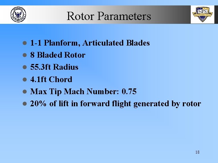 Rotor Parameters l l l 1 -1 Planform, Articulated Blades 8 Bladed Rotor 55.